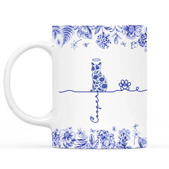 Flowers Toile De Jouy Cat Art - Personalized Mug, Gift For Cat Lover